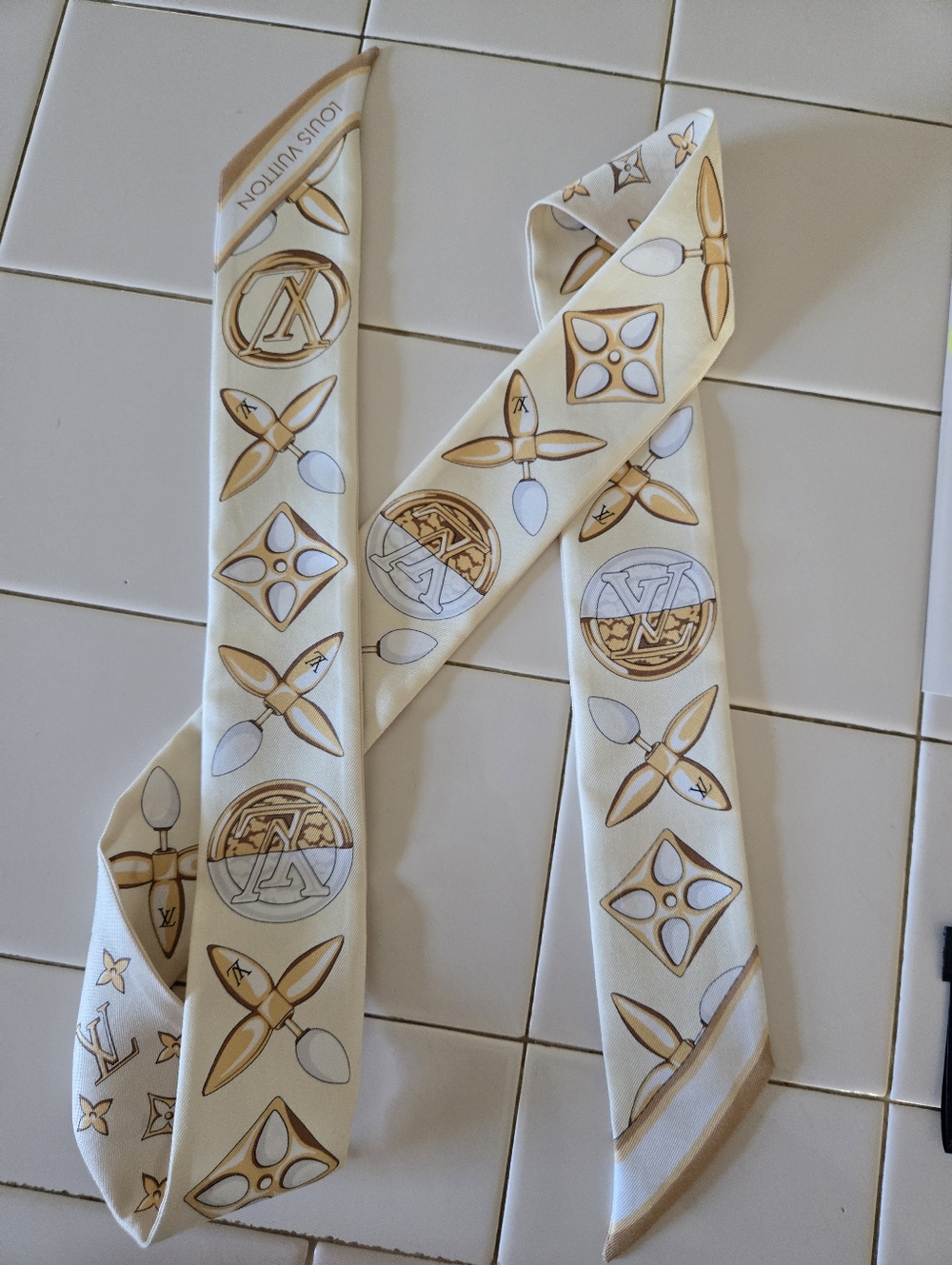 Louis Vuitton Louisette Cream & Gold Monogram Silk Twilly Scarf - Picture 3 of 7